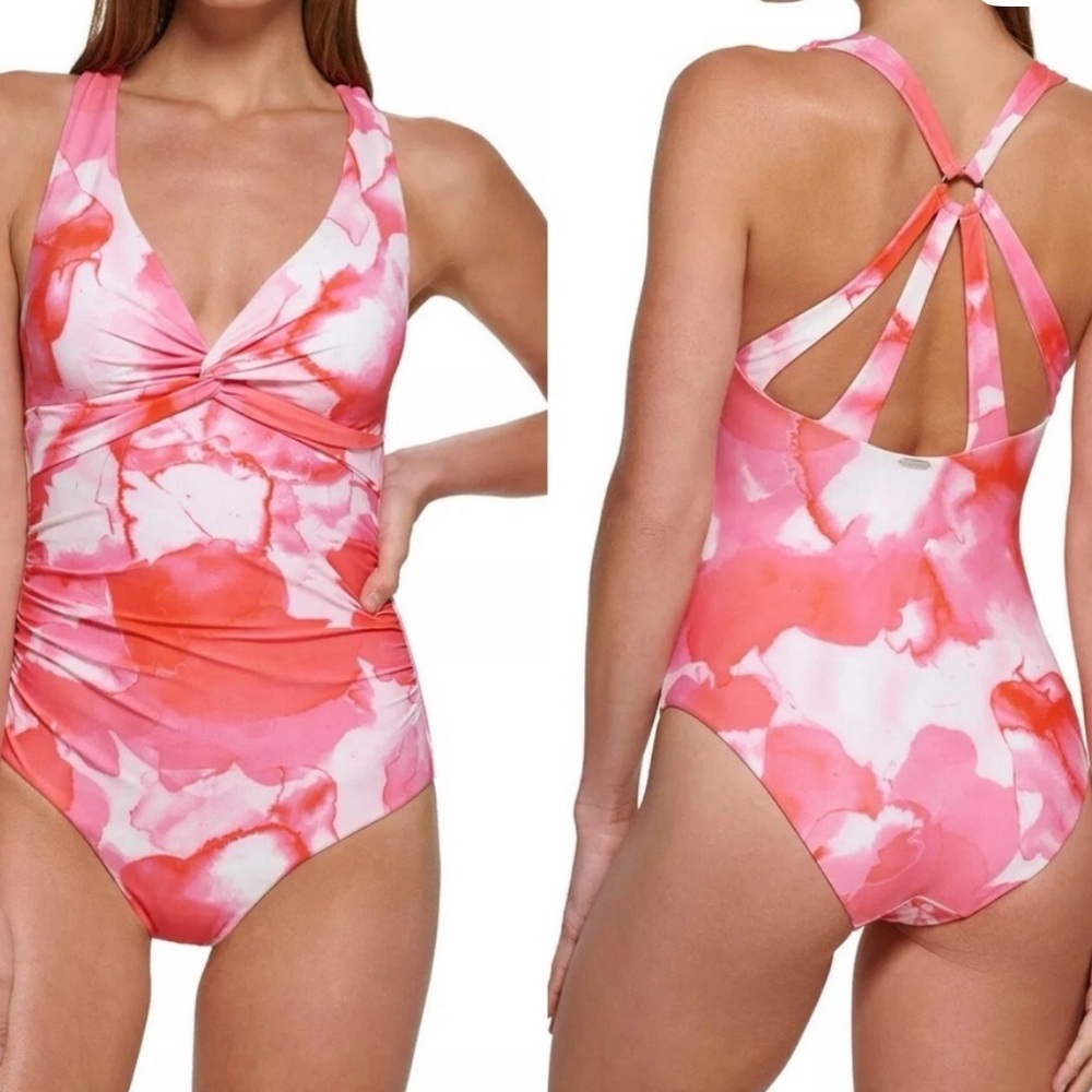Calvin Klein Energy Pink Watercolor Strappy-Back One-Piece Swimsuit